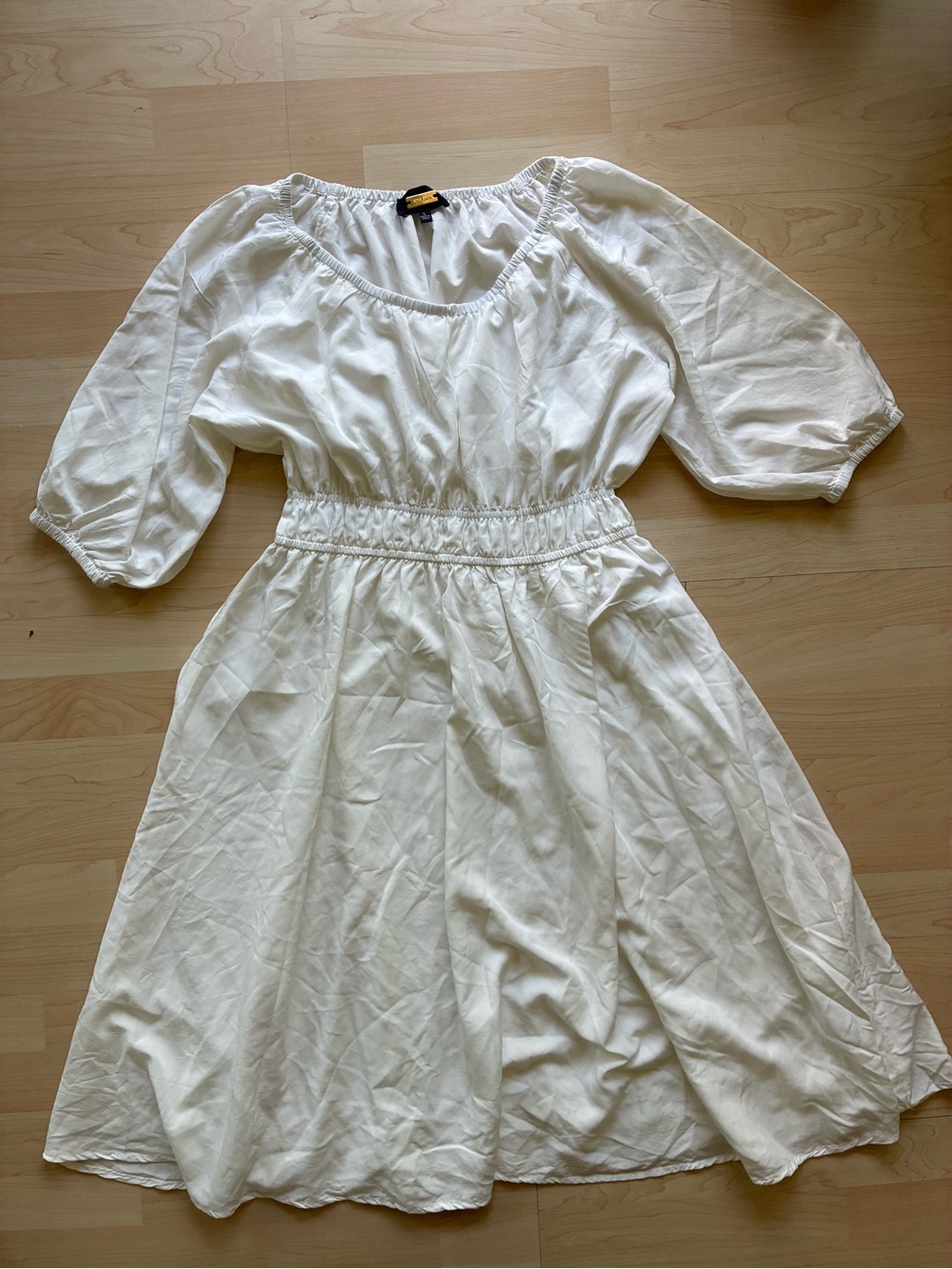 ALEXIA ADMOR White Solid Puff Sleeve Scoop Neck Elastic Waist Midi Dress L
